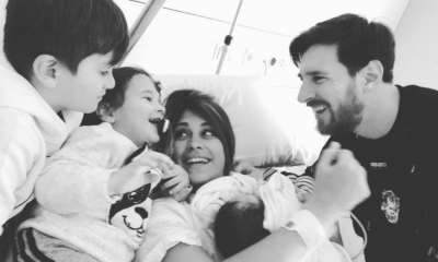Messi com a família após o nascimento do terceiro filho