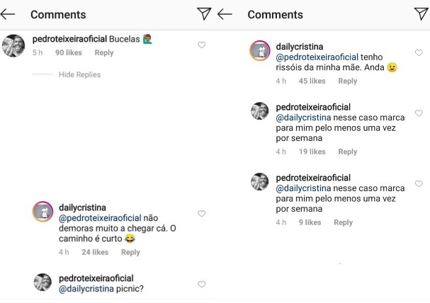 Cristina Ferreira e Pedro Teixeira trocam comentários no Instagram para combinar um encontro